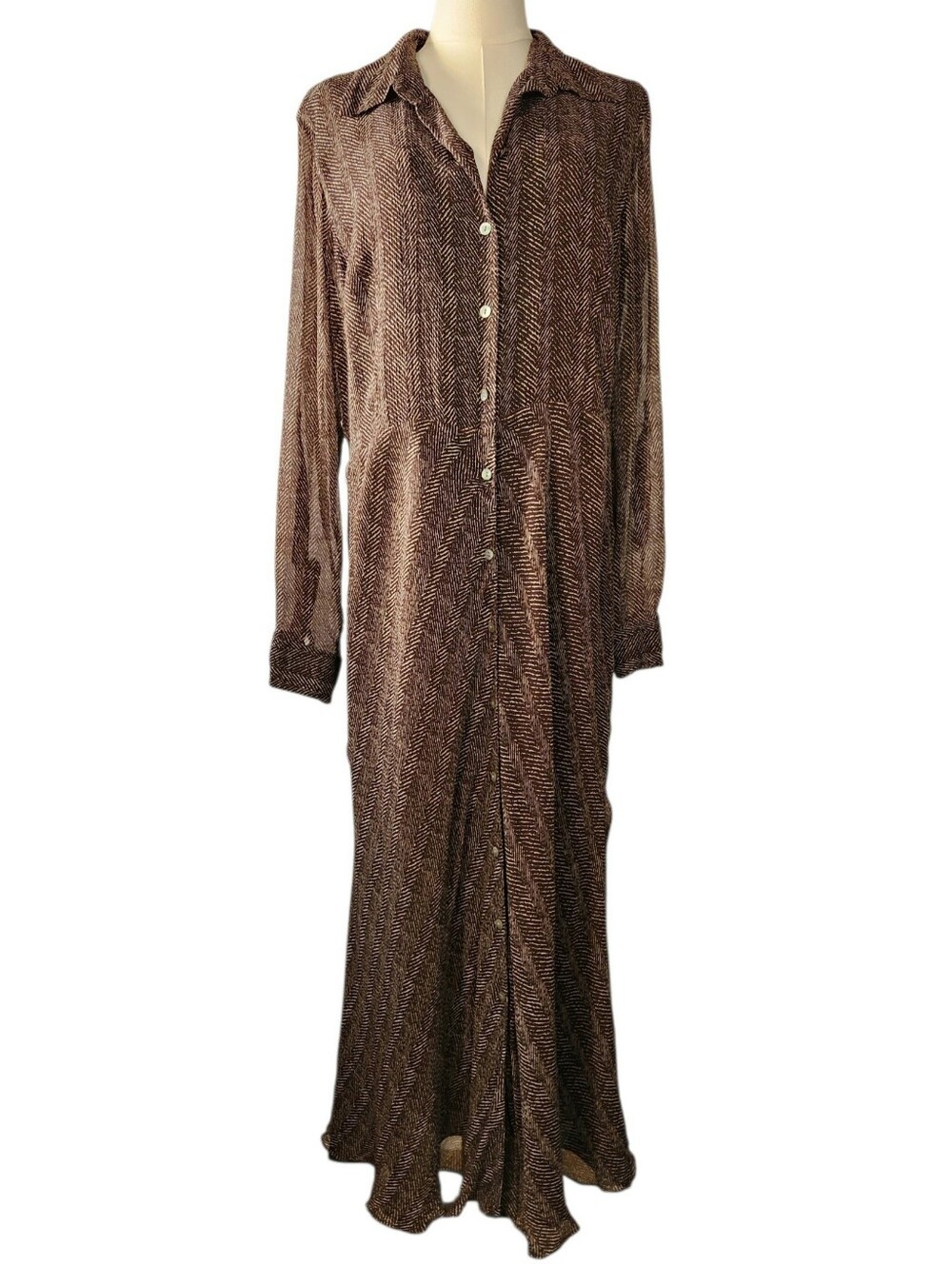 Vintage 1990s Charter Club 100% Silk Maxi Button Shirt Dress Brown Cream Sz 16